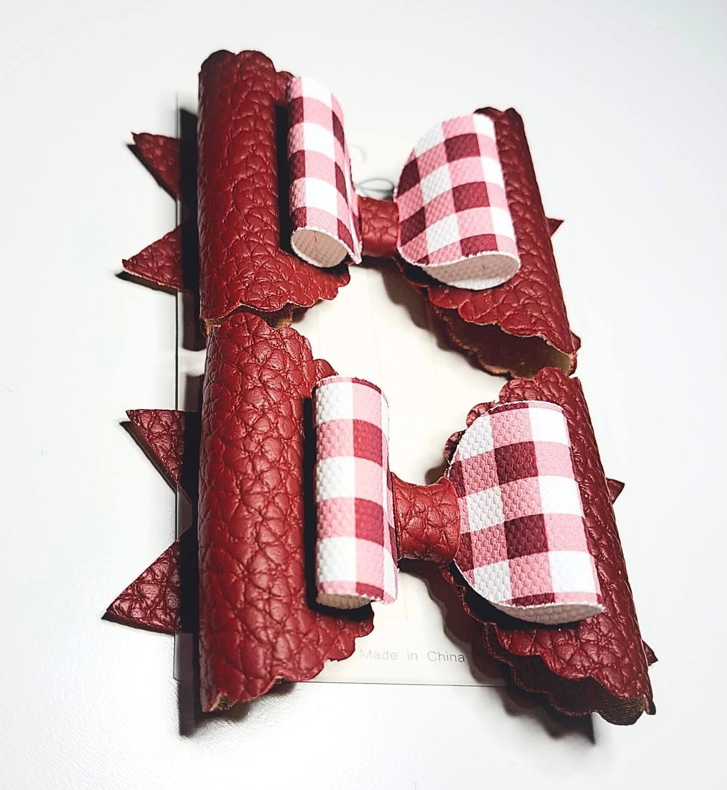 Burgundy Gingham Leather Bow ♥︎