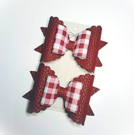 Burgundy Gingham Leather Bow ♥︎